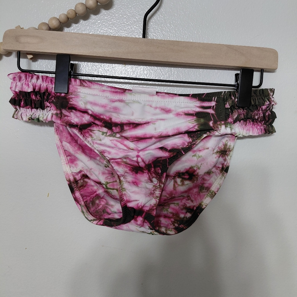 Lucky Brand Pink Tie Dye Hipster Smocked Side Bikini Bottoms Y2K Size XS